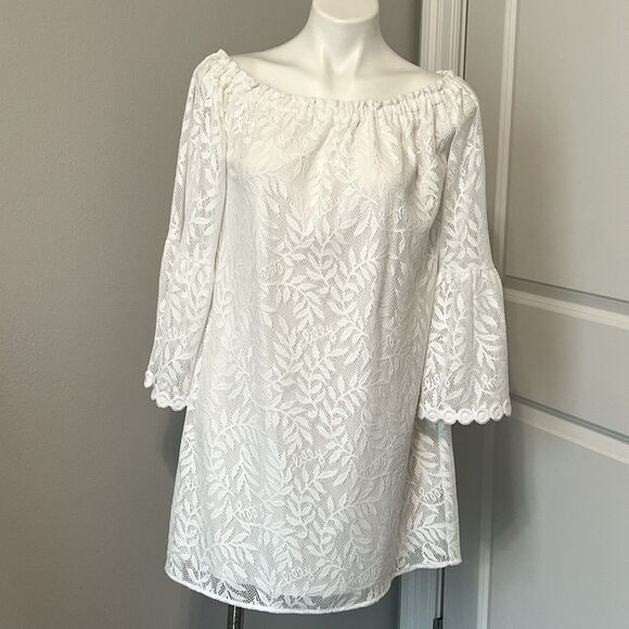 Lilly Pulitzer Nevie Dress White Swirling Leaf Off Shoulder Dress Resort - Picture 14 of 14